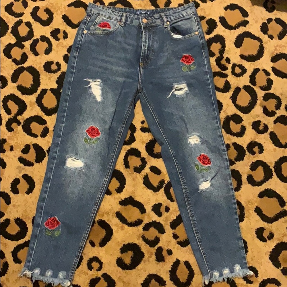ZARA rose embroidered jeans